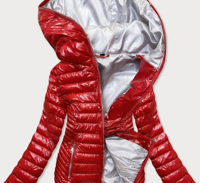Červená prošívaná dámská bunda s kapucí (B9752)