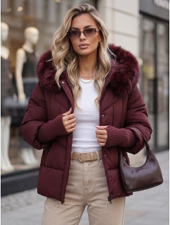Pikowana kurtka damska zimowa z futerkiem bordowa model 22371728 - FashionStreet