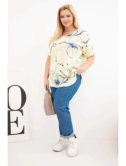 Dámská bavlněná halenka Plus Size s krátkým rukávem a kapsou žlutá