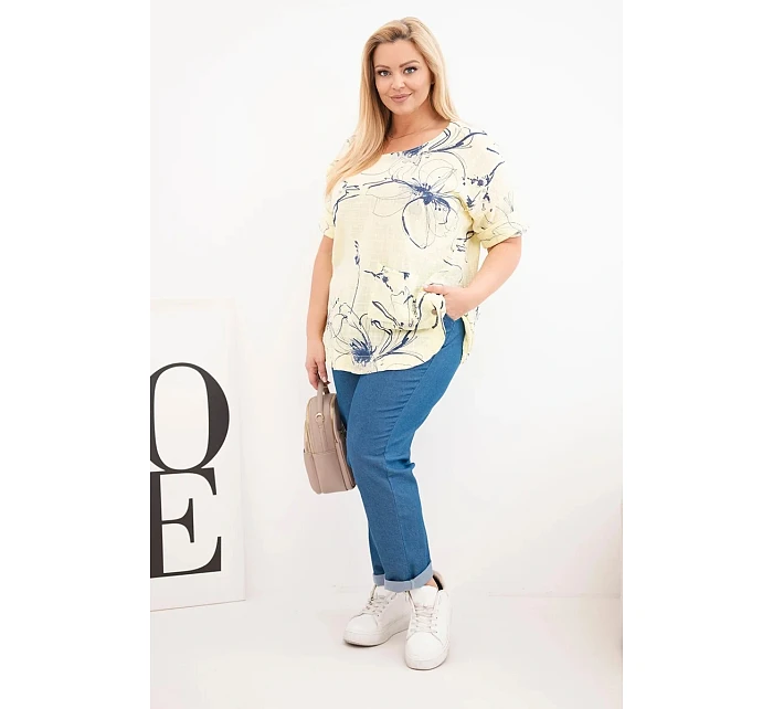 Dámská bavlněná halenka Plus Size s krátkým rukávem a kapsou žlutá Dámská bavlněná halenka Plus Size s krátkým rukávem a kapsou žlutá