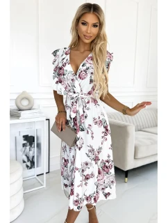 GABRIELLA Bílé dámské šaty s výstřihem, zavazováním a se vzorem bordó růží model 21290241 - numoco basic