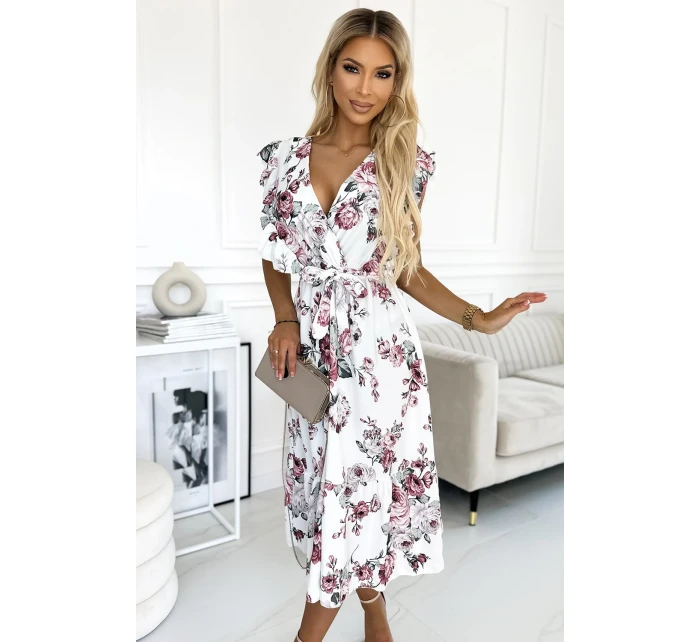 GABRIELLA Bílé dámské šaty s výstřihem, zavazováním a se vzorem bordó růží model 21290241 - numoco basic GABRIELLA Bílé dámské šaty s výstřihem, zavazováním a se vzorem bordó růží model 21290241 - numoco basic