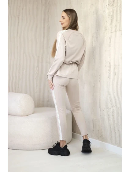 Dámská bavlněná souprava s proužky a stahovacími lemy béžový Dámská bavlněná souprava s proužky a stahovacími lemy béžový