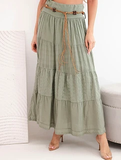 Dámská maxi bavlněná sukně s model 22048759 výšivkou a elastickým pasem khaki - K-Fashion