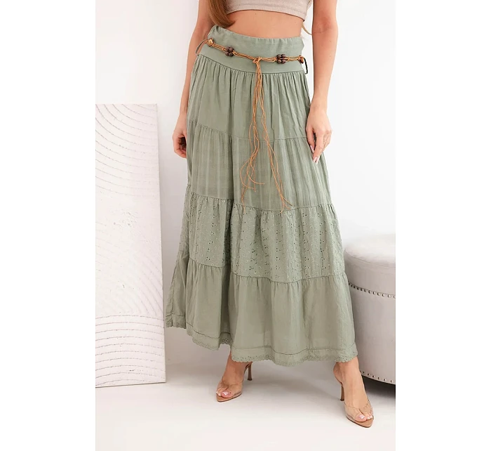 Dámská maxi bavlněná sukně s model 22048759 výšivkou a elastickým pasem khaki - K-Fashion