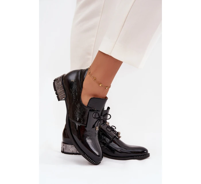 Lakované dámské polobotky na nízkém podpatku s mašlí Zazoo 1399 Černé