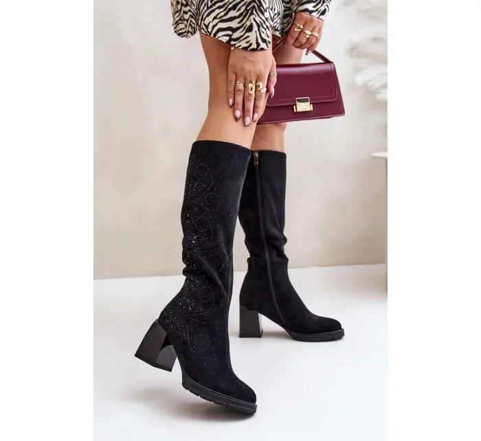 Zdobené Dámské Kozačky Nad Kolena Zateplené Na Sloupku MR880-158 Černé