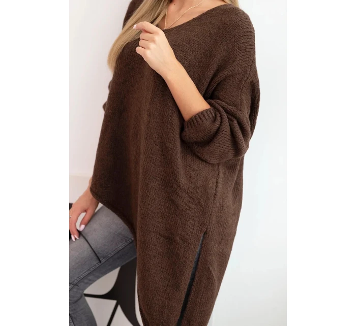 Svetr dámský vlněný asymetrický Plus Size s výstřihem do V hnědý Svetr dámský vlněný asymetrický Plus Size s výstřihem do V hnědý