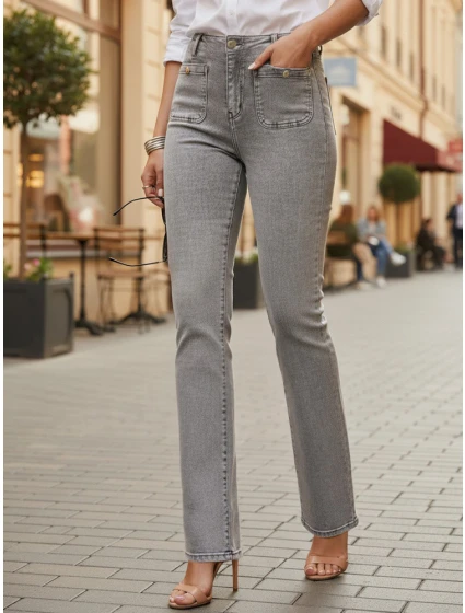 Dámské džíny s vysokým pasem a širokými nohavicemi šedé FashionStreet UY2875 Dámské džíny s vysokým pasem a širokými nohavicemi šedé FashionStreet UY2875