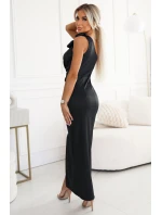 dlouhé saténové šaty na jedno rameno s růžemi černé model 21725733 - numoco basic