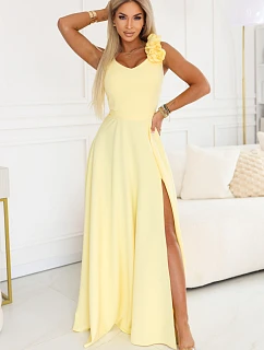 Elegantní večerní maxi šaty s rozparkem a růžemi  žluté model 22141510 - numoco