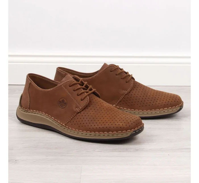 Kožené polobotky Rieker M RKR528 hnědé s ažurovým vzorem