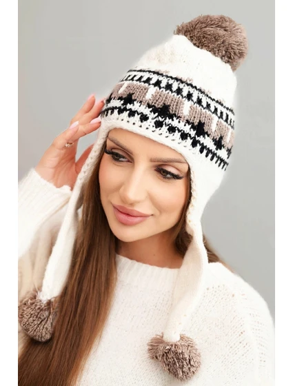 Dámská zimní vlněná čepice s ušima a ecru model 21750342 - K-Fashion Dámská zimní vlněná čepice s ušima a ecru model 21750342 - K-Fashion