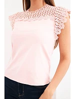 Dámská bavlněná halenka s krajkovým vrškem a krátkým rukávem pudrově růžová