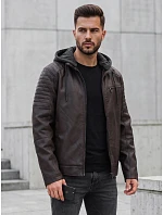 Pánská kožená zateplená bunda s kapucí, hnědá, FashionStreet TX5142 Pánská kožená zateplená bunda s kapucí, hnědá, FashionStreet TX5142