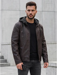 Pánská kožená zateplená bunda s kapucí, hnědá, FashionStreet TX5142