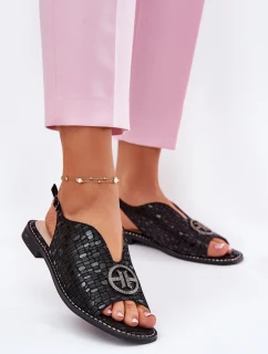 Kožené sandály na plochém podpatku s ozdobou model 21696723 černé - S.Barski