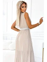 Béžové dámské plisované šaty se širokým opaskem a výstřihem model 20159832 - numoco basic Béžové dámské plisované šaty se širokým opaskem a výstřihem model 20159832 - numoco basic