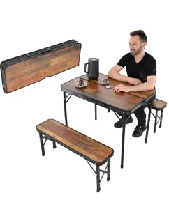 Skládací kempingový turistický stůl 90x60x70 cm a 2 lavice 87x23x39 cm Dřevo