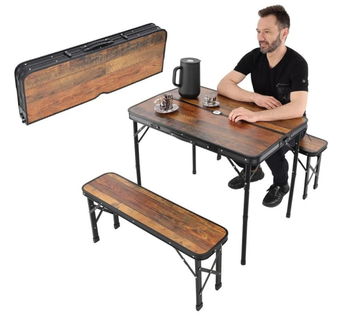 Skládací kempingový turistický stůl 90x60x70 cm a 2 lavice 87x23x39 cm Dřevo
