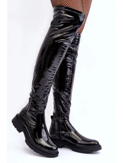 Patentované kozačky nad kolena s plochými podpatky, černá Rilema