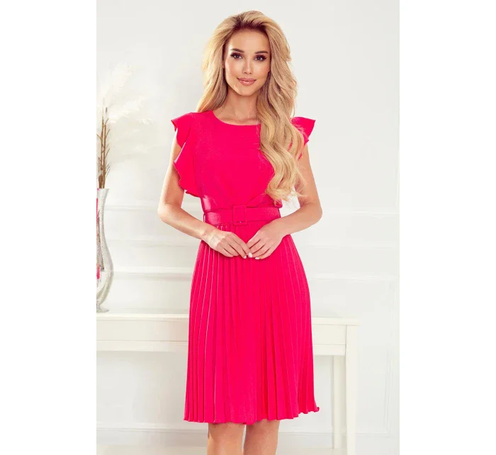 LAYLA - Dámské plisované šaty v malinové barvě s opaskem 396-2