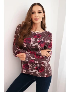 Dámská blůza z viskózy s květinami a dlouhým rukávem hnědá