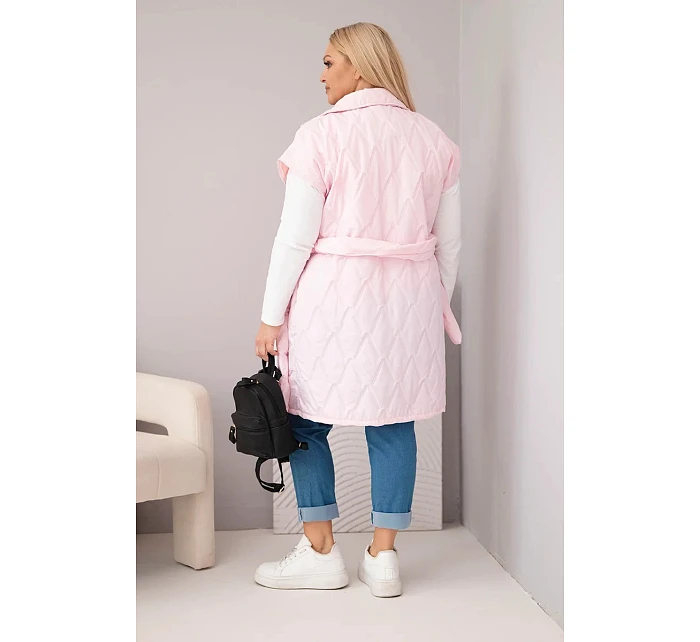 Dámská prošívaná vesta Plus Size s páskem a límcem bonbónově růžová