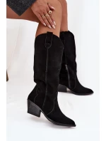 Dámské zateplené kožené semišové cowboy kozačky Urselle – černé Dámské zateplené kožené semišové cowboy kozačky Urselle – černé