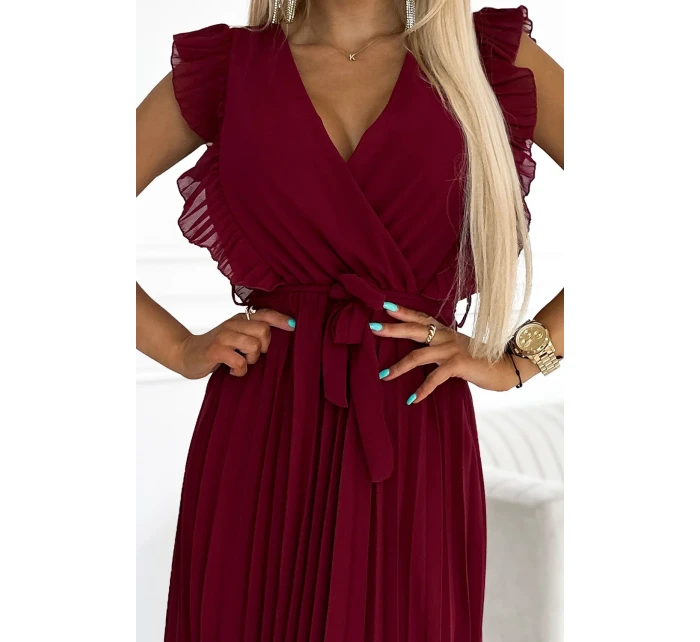 Plisované dámské šaty v vínové barvě s výstřihem a páskem model 21819820 - numoco basic