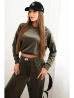 Dámská souprava z veluru s širokými nohavicemi a mikinou s kapucí khaki Dámská souprava z veluru s širokými nohavicemi a mikinou s kapucí khaki