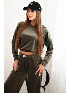 Dámská souprava z veluru s širokými nohavicemi a mikinou s kapucí khaki