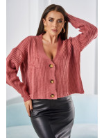 Žebrovaný svetr s knoflíky tmavě růžové barvy