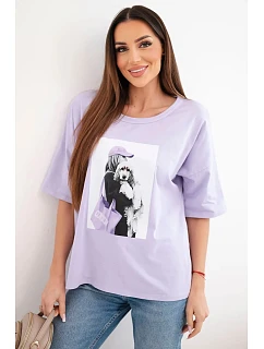 Dámská bavlněná oversize halenka s krátkým rukávem a módním potiskem světle fialová