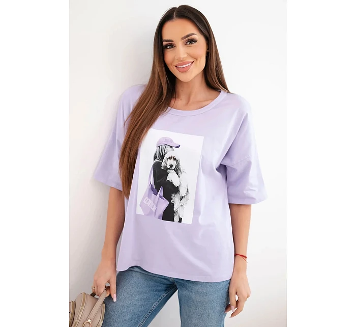 Dámská bavlněná oversize halenka s krátkým rukávem a módním potiskem světle fialová