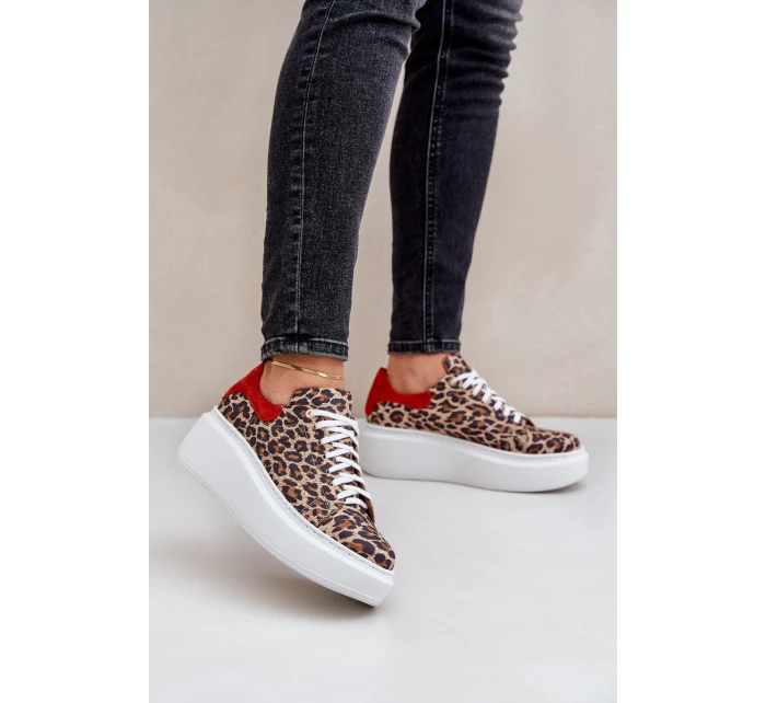 Kožené sneakerky na platformě s leopardím vzorem Zazoo 3346 hnědo-červené