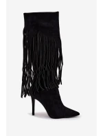 Dámské kozačky na jehlovém podpatku s třásněmi černé model 21709824 - Boto