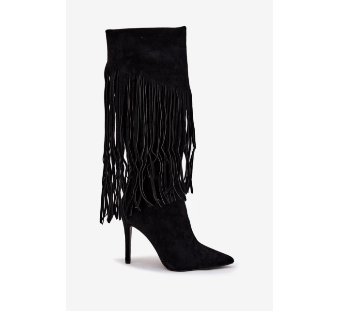 Dámské kozačky na jehlovém podpatku s třásněmi černé model 21709824 - Boto