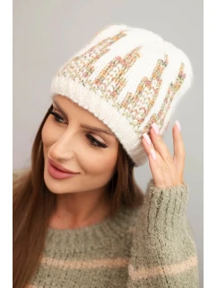 Dámská zimní pletená čepice s ozdobným vzorem K454 ecru + zelená