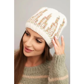 Dámská zimní pletená čepice s ozdobným vzorem K454 ecru + zelená