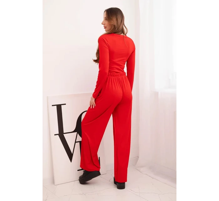 Dámský viskózový komplet s blůzkou a širokými kalhotami červený