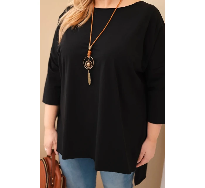 Dámská bavlněná blůza Plus Size asymetrická s náhrdelníkem černá