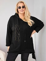 Dámská bavlněná mikina Plus Size s kapucí a pleteným pruhem černá