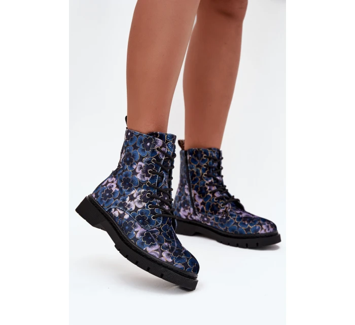 Dámské zateplené kotníkové boty 57C1052 Tmavě modrá vzor - Artiker