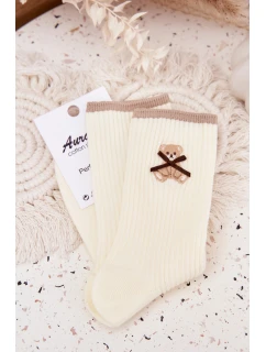 Bavlněné ponožky pruhované s medvídkem ecru