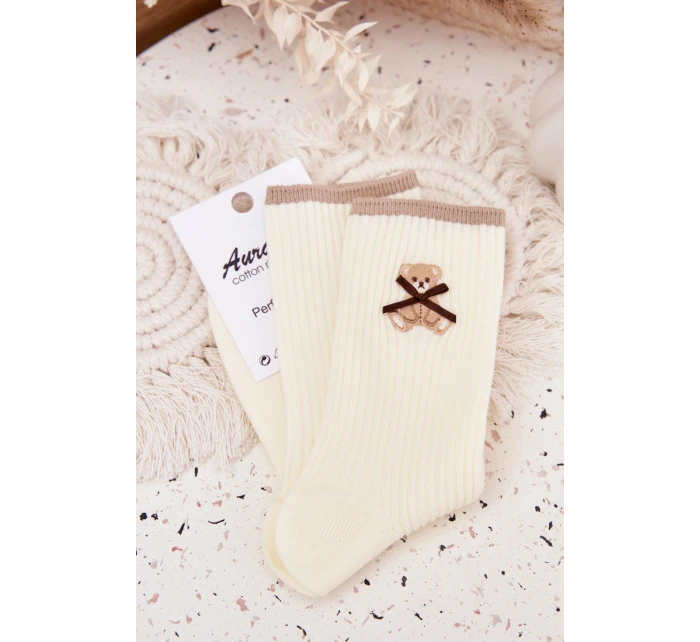 Bavlněné ponožky pruhované s medvídkem ecru