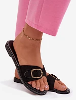 Dámské pantofle na ploché podešvi se zlatým sponou Czarne Selivelle