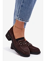 Dámské mokasiny z přírodního semiše na nízkém podpatku model 22100103 Čokoládové - VINCEZA