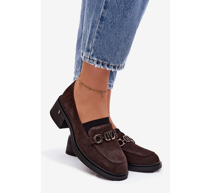 Dámské mokasiny z přírodního semiše na nízkém podpatku model 22100103 Čokoládové - VINCEZA