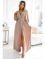 Dlouhé béžové dámské šaty se širokým opaskem a výstřihem model 21876183 - numoco basic